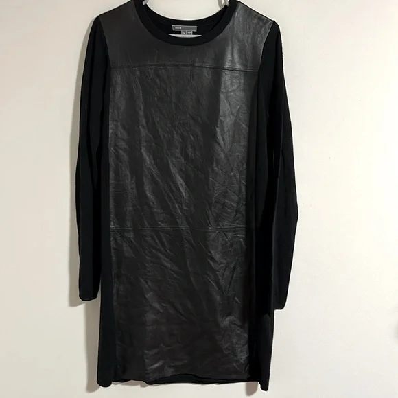 VINCE 100% lamb Leather front patch Shift mini 100% wool combination Dress L - Picture 2 of 6